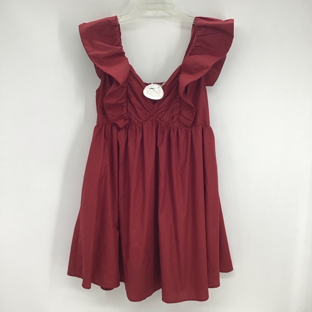 ENTRO NWT Poplin Ruffle Sleeve Baby Doll Mini Dress Maroon Career Size L - Picture 3 of 11